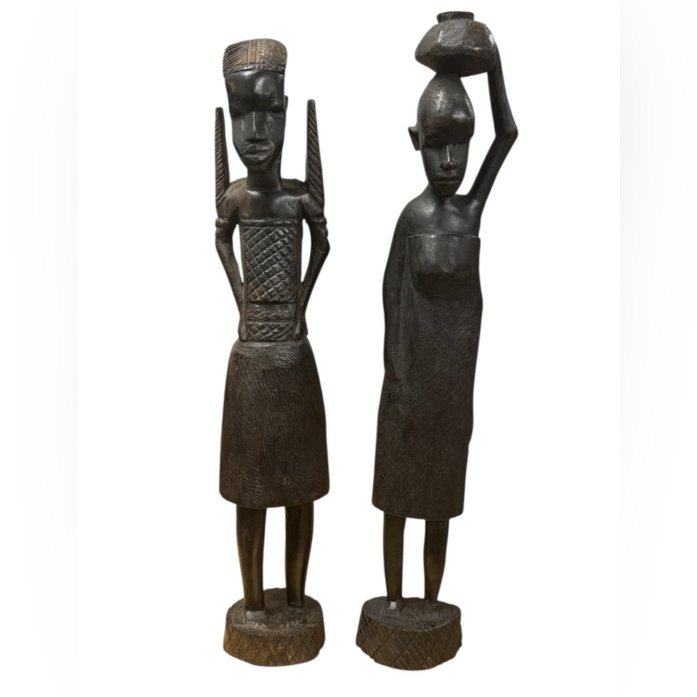 Hand Carved African Tribal Folk Art Ebony Wood Man Woman Sculptures from Kenya